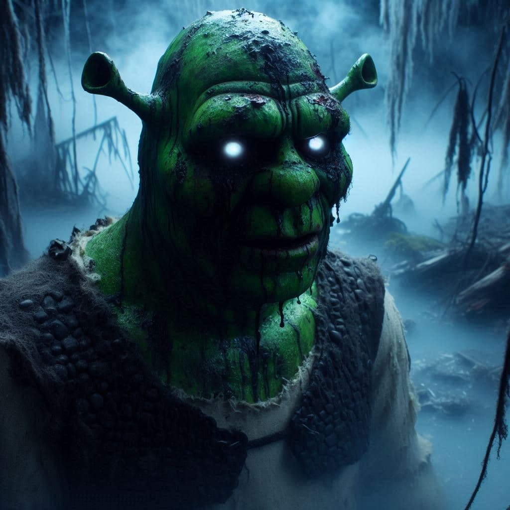 AI generated: Un Shrek de aspecto espectral y siniestro esta de pie un pantano oscuro, tiene la cabeza inclinada c...
