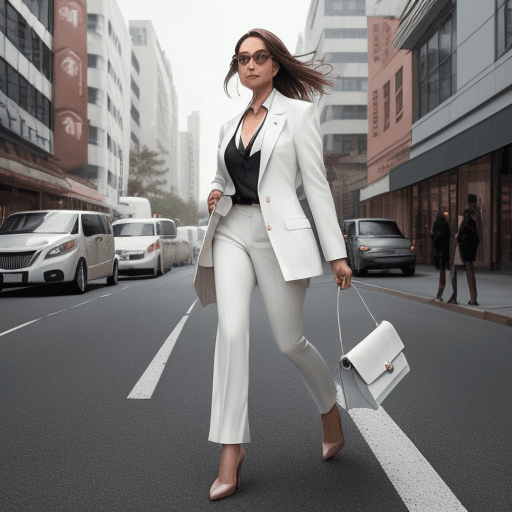 AI generated: The image features a woman walking down a city street, dressed in a white suit and carrying a brown ...