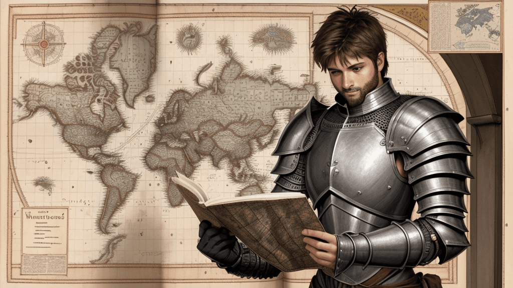 AI generated: human male Armoured warrior reading a map in a secret lab, 
