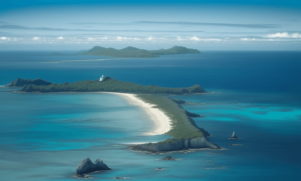 AI generated: view of island but mostly ocean. can see mainland in the background