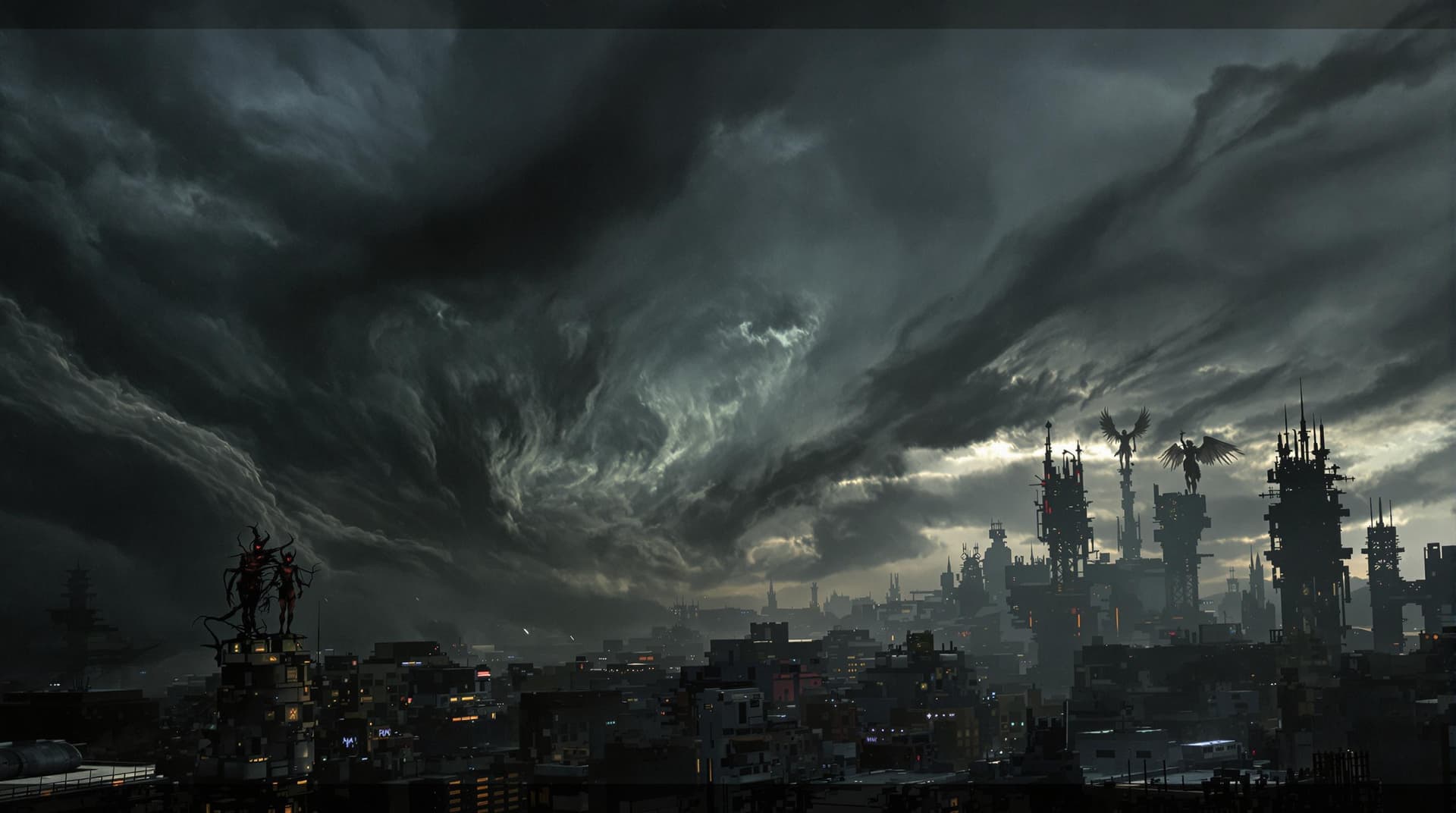 AI generated: A dark, foreboding sky with thick, grey clouds that seem to swirl with an otherworldly energy, casti...