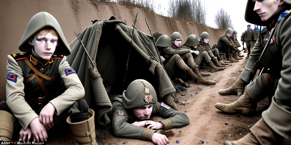 AI generated: spen Aarseth and Martin Pichlmair drafted in the Russian army sitting in a trench near Ukraine, look...