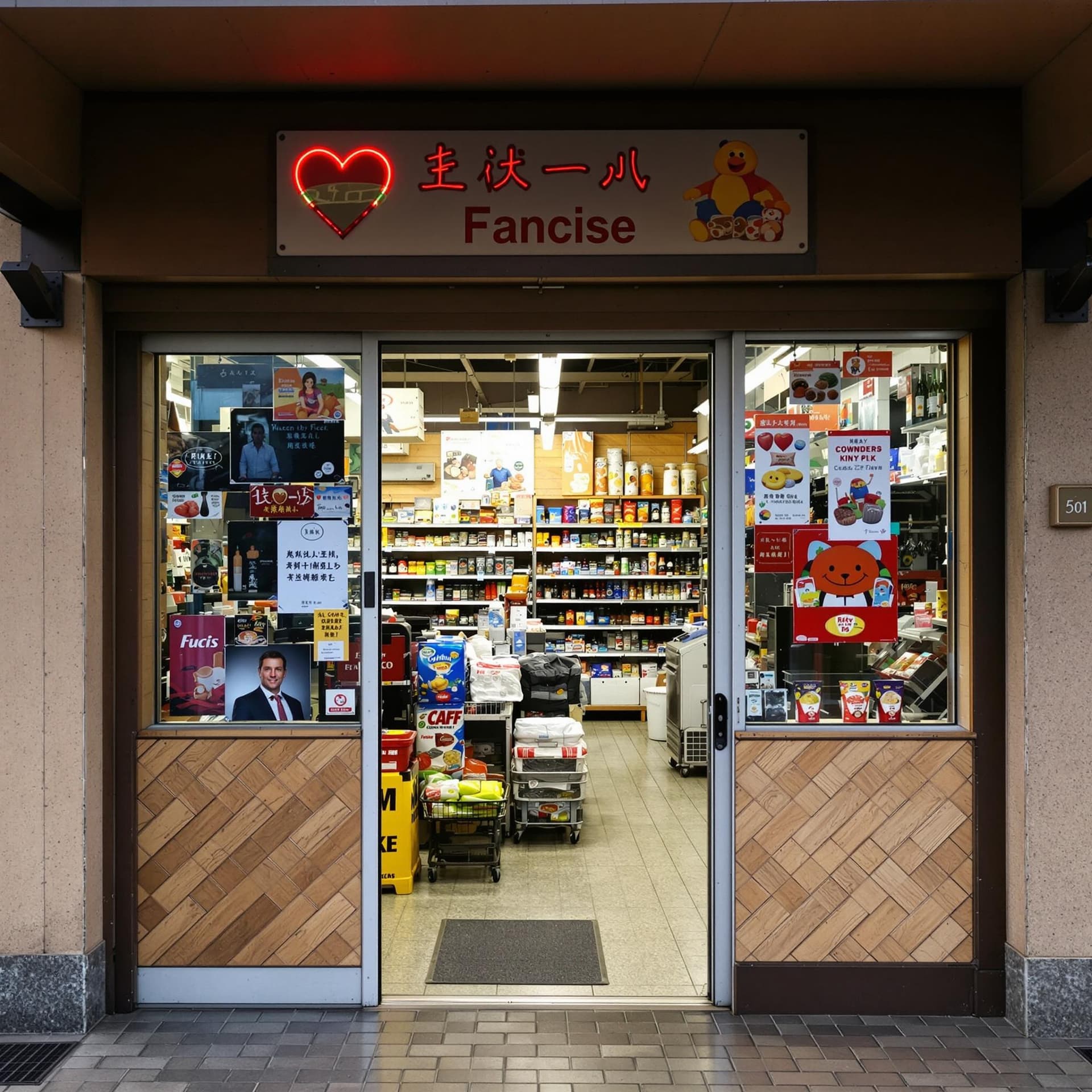AI generated: The photo shows the entrance door to a small grocery store.

