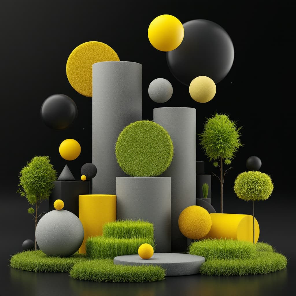 AI generated: 3D geometric shapes, grassy greens and bright yellows, extreme greys, various smooth textures, trans...