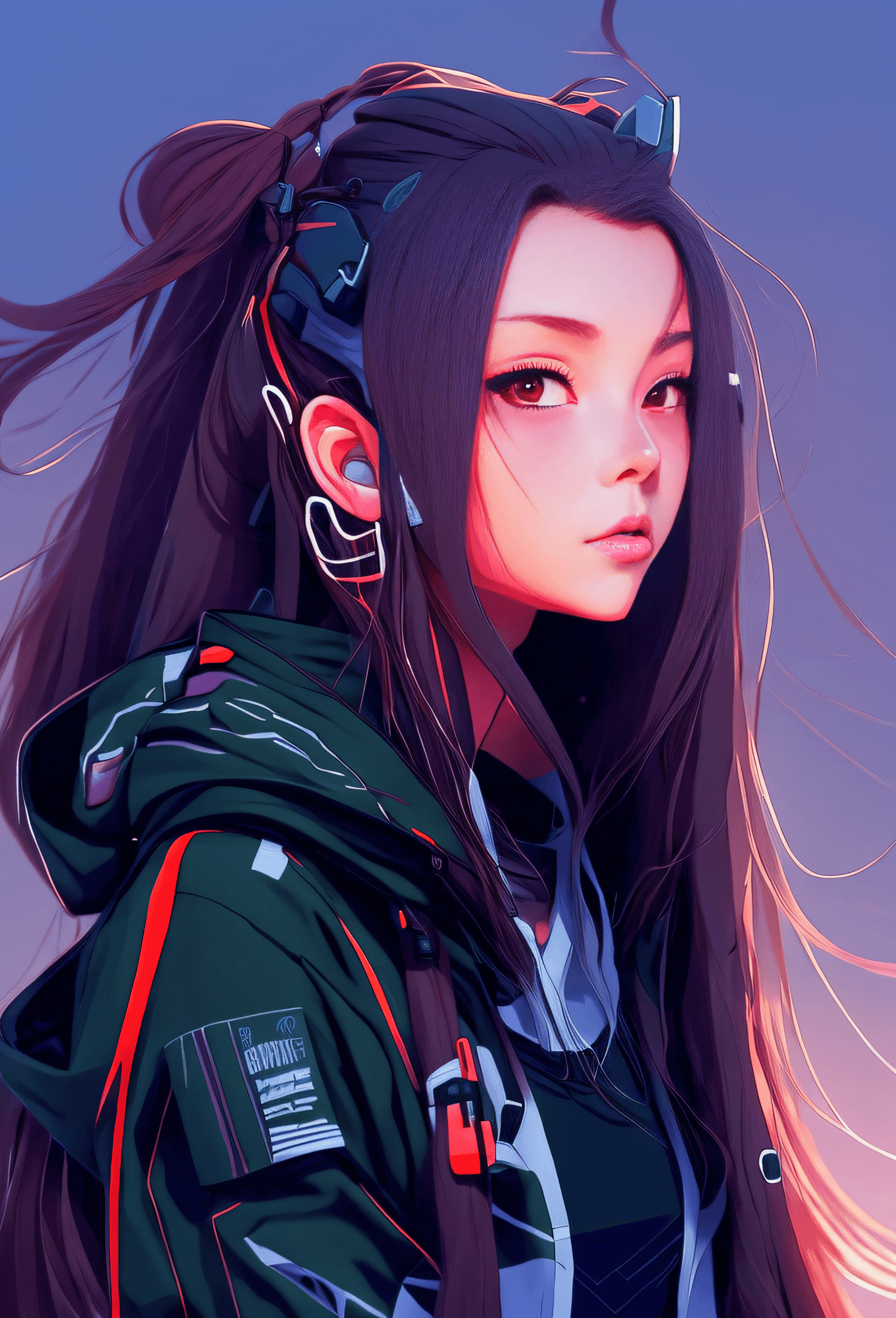 AI generated: a woman with long hair and a hoodie is staring at something, ilya kuvshinov with long hair, cyberpun...