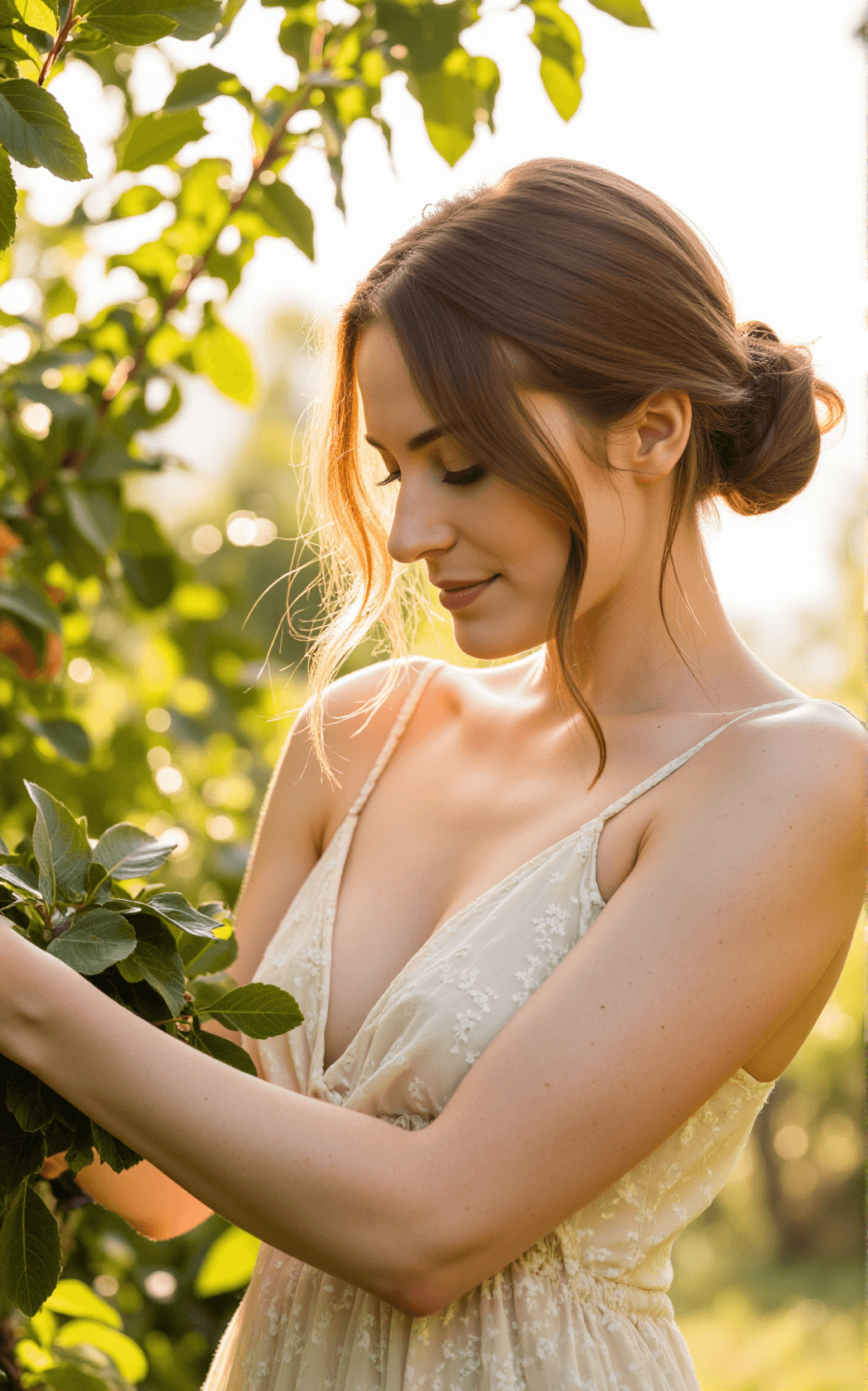 AI generated: A macro, intimate close-up of a woman's face harvesting ripe fruit in a sunlit orchard, the backgrou...