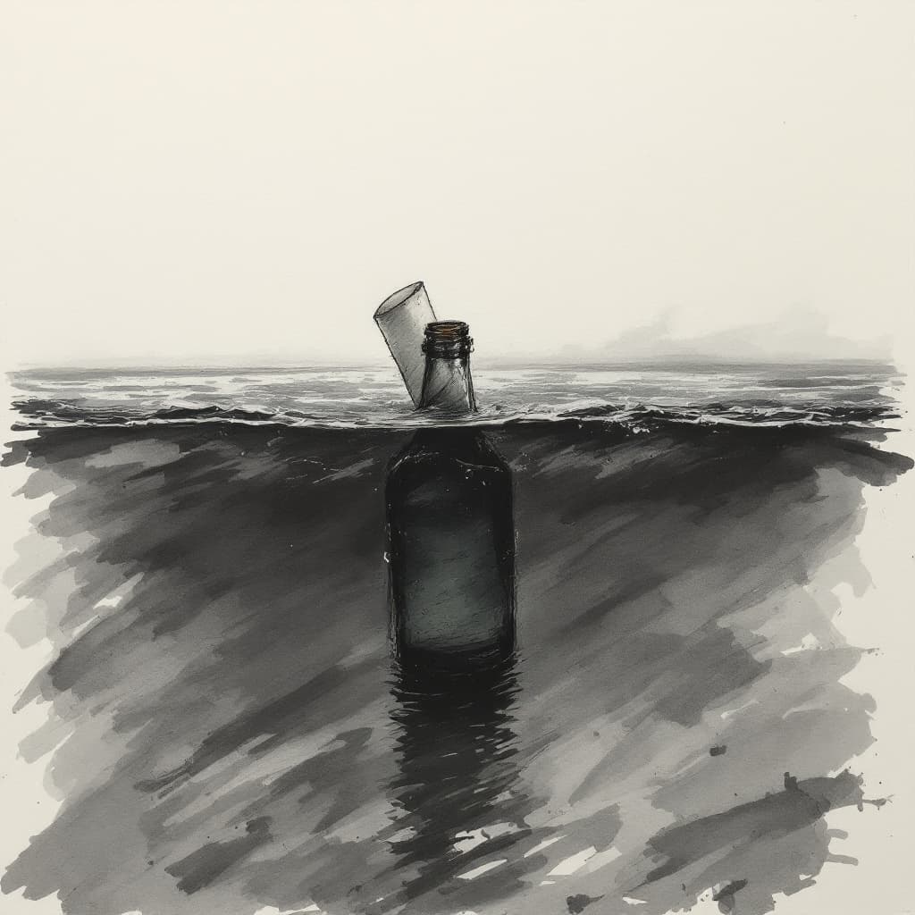 AI generated: an artistic Wet ink, charcoal sketch of a paper rolled inside a bottle, submerged, tilted bottle, fl...