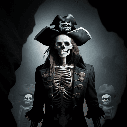 AI generated: The image features a skeleton dressed as a pirate, wearing a pirate hat and a black coat. The skelet...