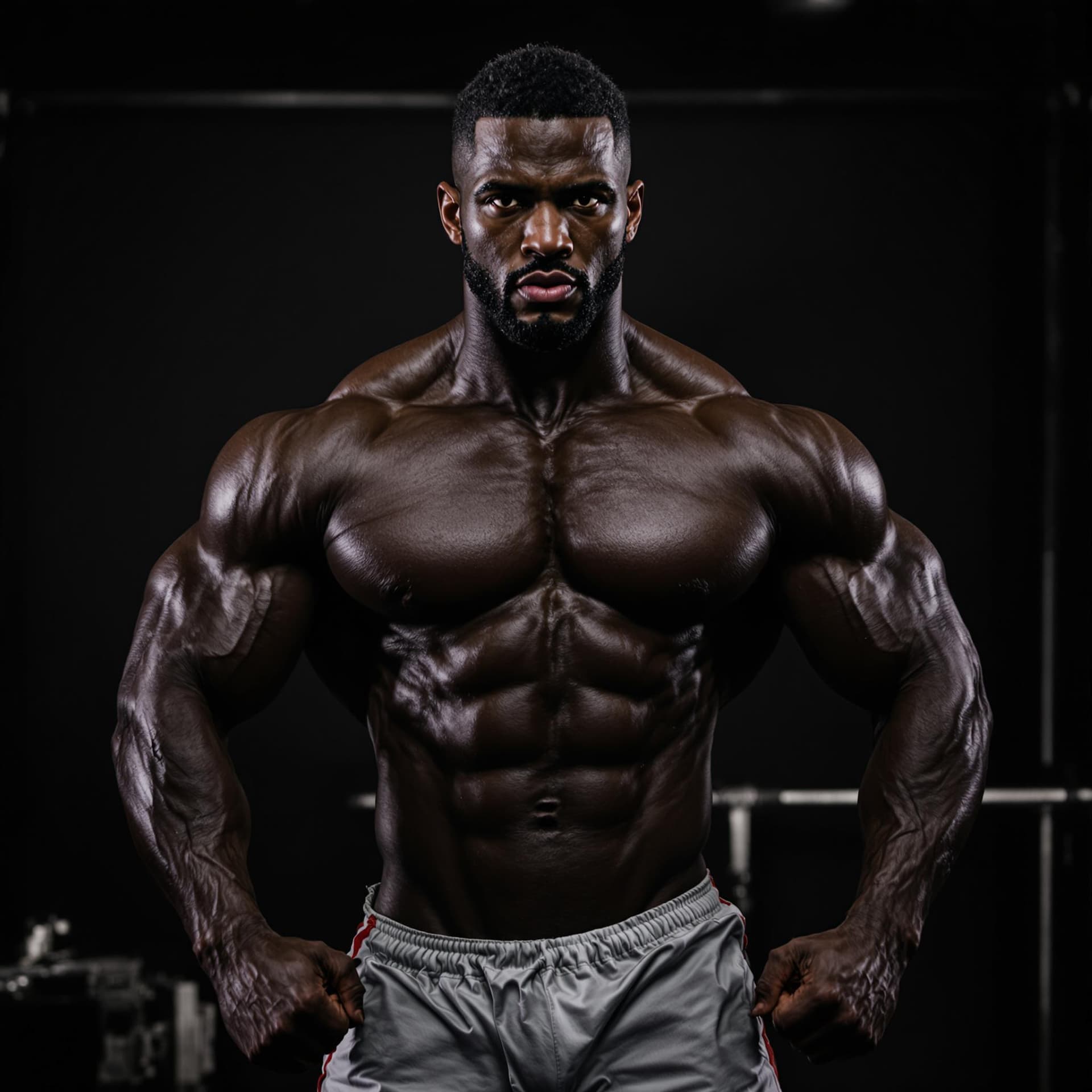 AI generated: a black bodybuilder in gym shorts giving a power pose