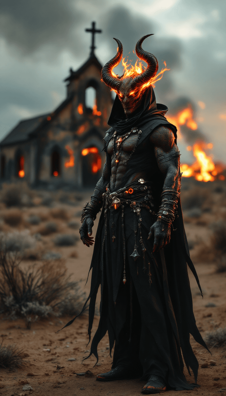 AI generated: Male demon in beauty. Fire skin,
Many detailed, accessories, hooded priest, heel, desert Texas waste...
