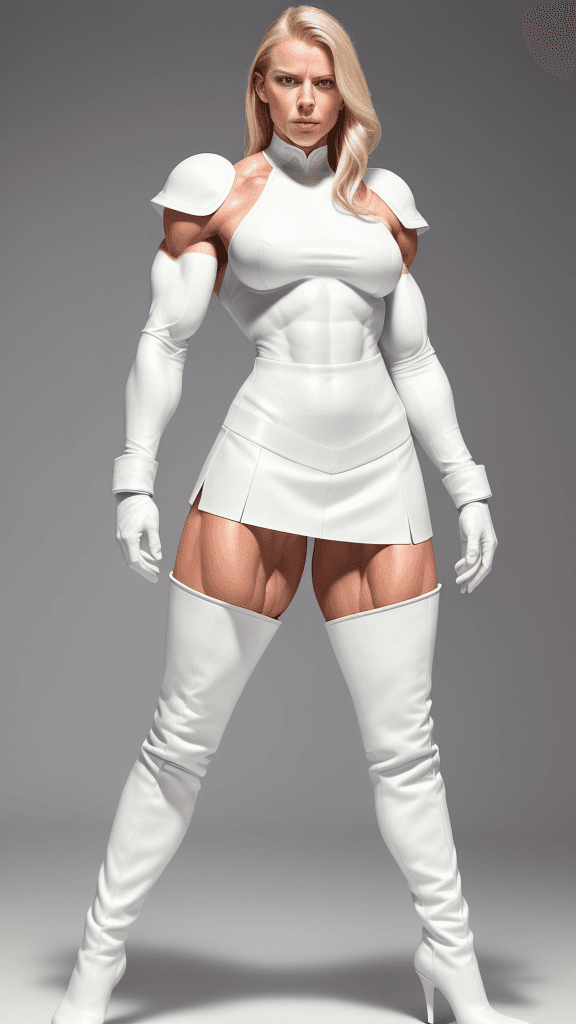 AI generated: Annalena Baerbock as strong muscular woman, muscular abs, toned biceps, wears white Leather skirt, w...