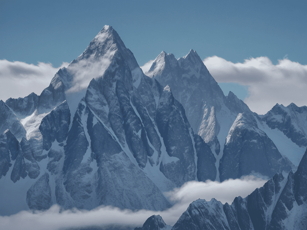 AI generated: In the background, snow-capped mountains rise majestically, their peaks hidden in the clouds. The mo...