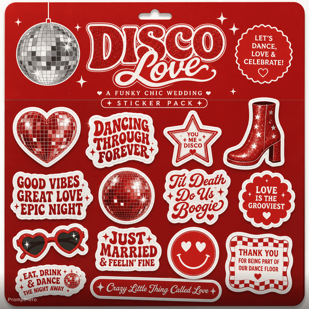 AI generated: Funky disco sicker pack for a funky chic wedding in #E51F24. 
