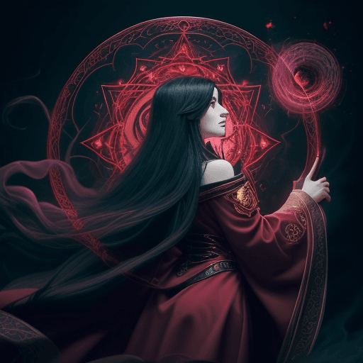 AI generated: A female warlock with long black hair wearing ornate red robes, Casting a Spell, Swirling magical en...