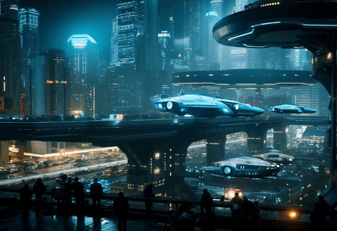 AI generated: A still from the movie Blade Runner shows flying cars in a futuristic city at night. The building ha...