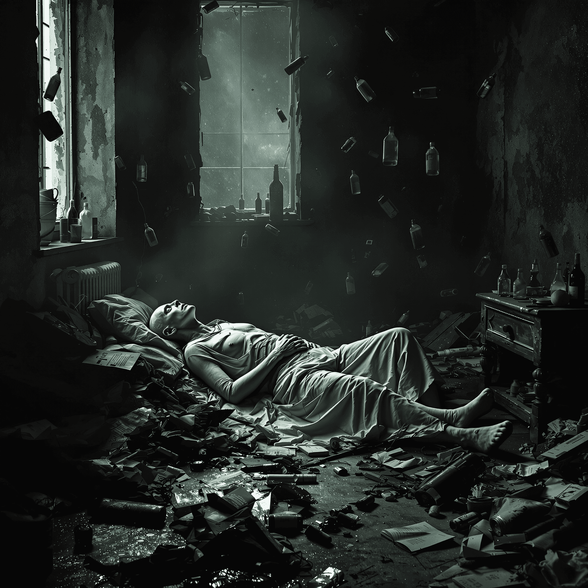 AI generated: Create an emotional dramatic dystopian image in the year 1860, featuring an old Russian poet, sick w...