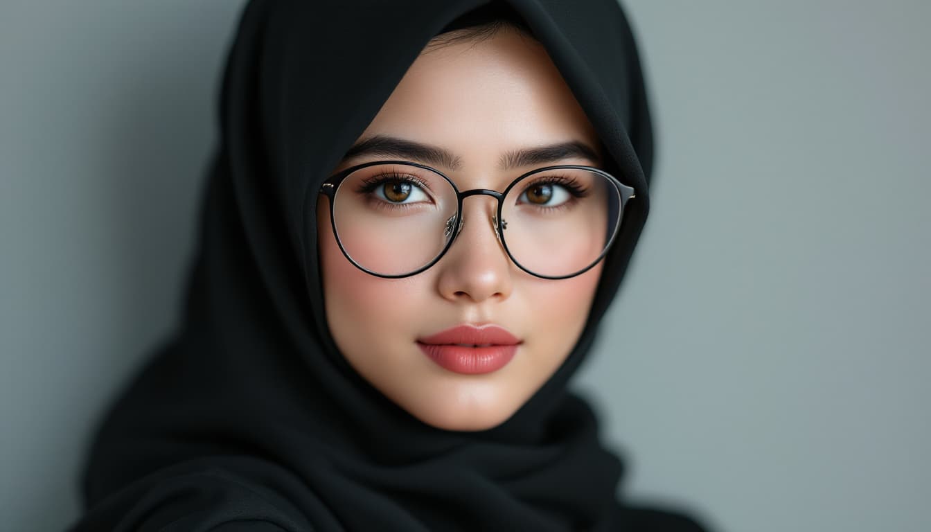 AI generated: Create a realistic style portrait of a gorgeous indonesian muslim women wearing black color hijab , ...