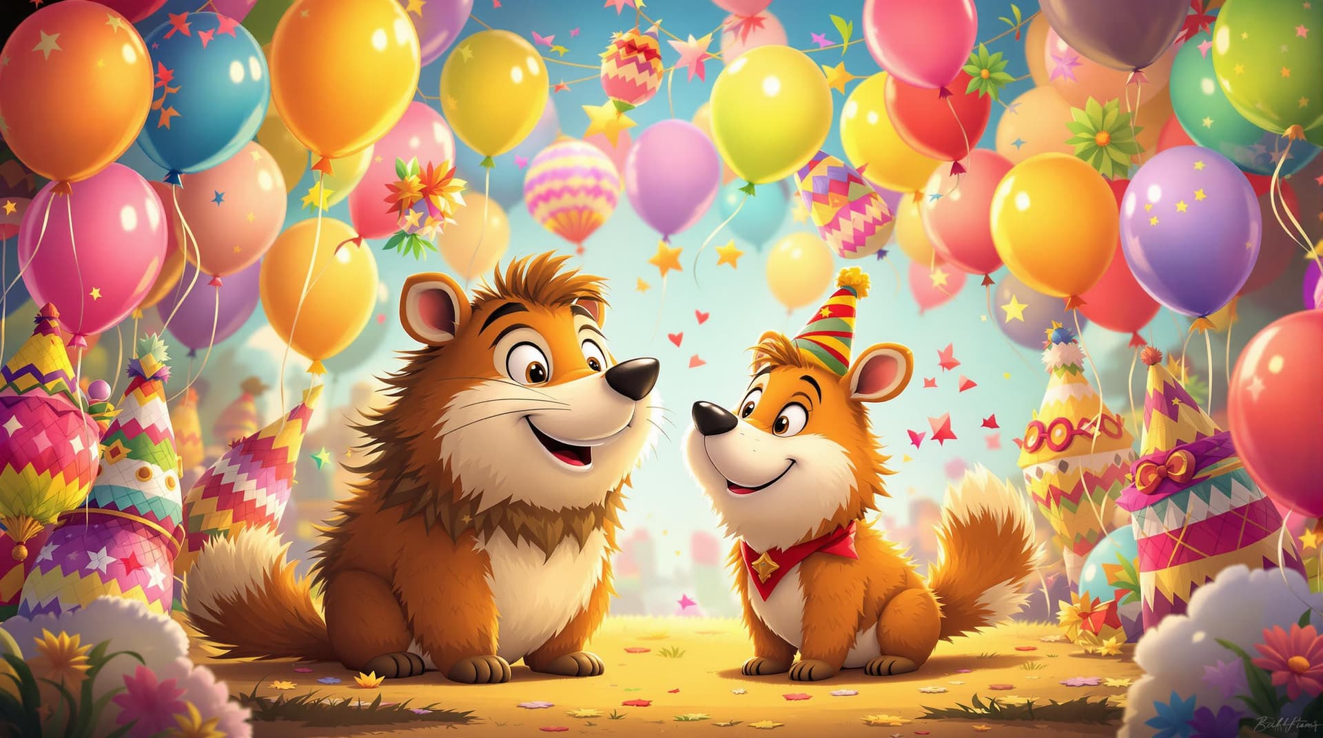 AI generated: An epic Cartoon image of two cartoon animals, a cute couple seen laughing and smile and enjoying lif...