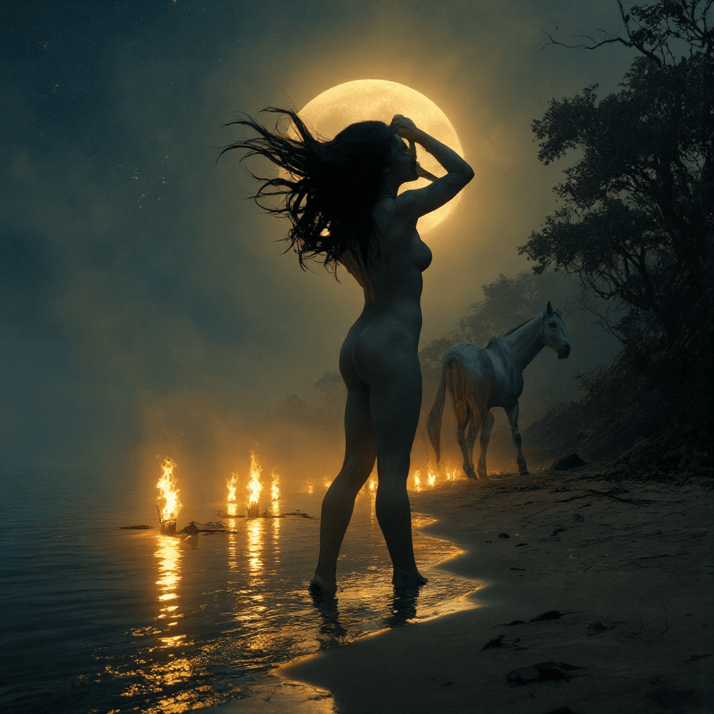 AI generated: In the textured realism of Simon Stålenhag, a moon-worshiping priestess stands ankle-deep in the cal...