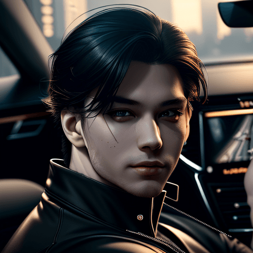 AI generated: mdjrny-v4 style, man driving car, gorgeous, flirting,looking at viewer, portrait, photography, detai...