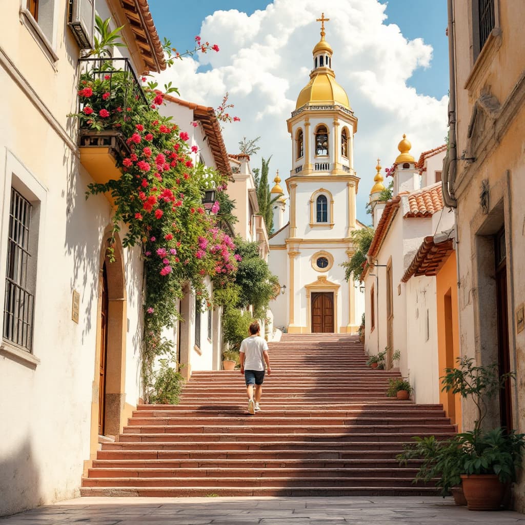 AI generated: a person is walking down a street with stairs and a church with a yellow roof, in the style of exoti...