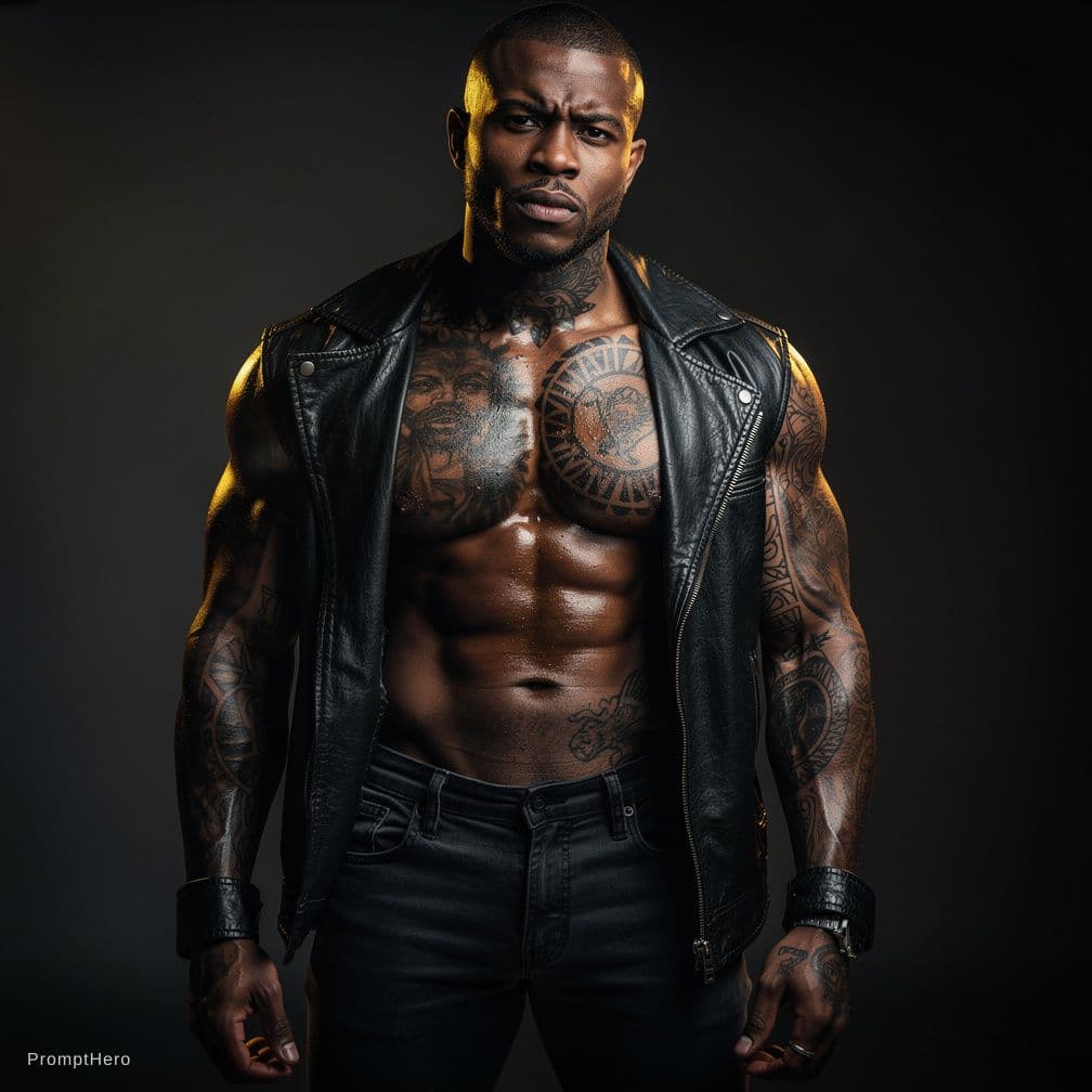 AI generated: NSFW, Jason LUV is Sexy tatted black man, with a huge uncut black cock