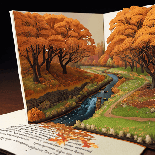AI generated: open pop-up book with the autumn landscape, trees, a river, extremely detailed, hyper-realistic, hig...