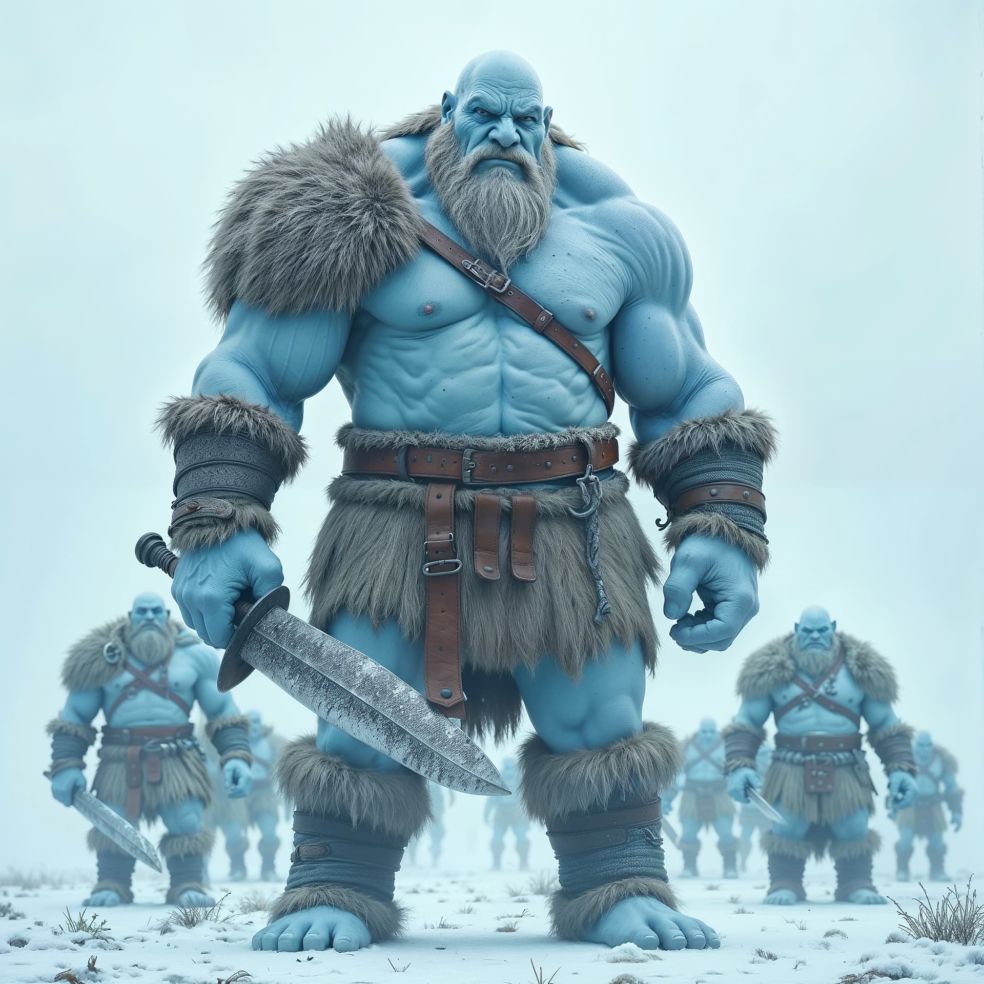 AI generated: A hyper-realistic depiction of a colossal ice giant chieftain standing at the forefront of a vast, d...