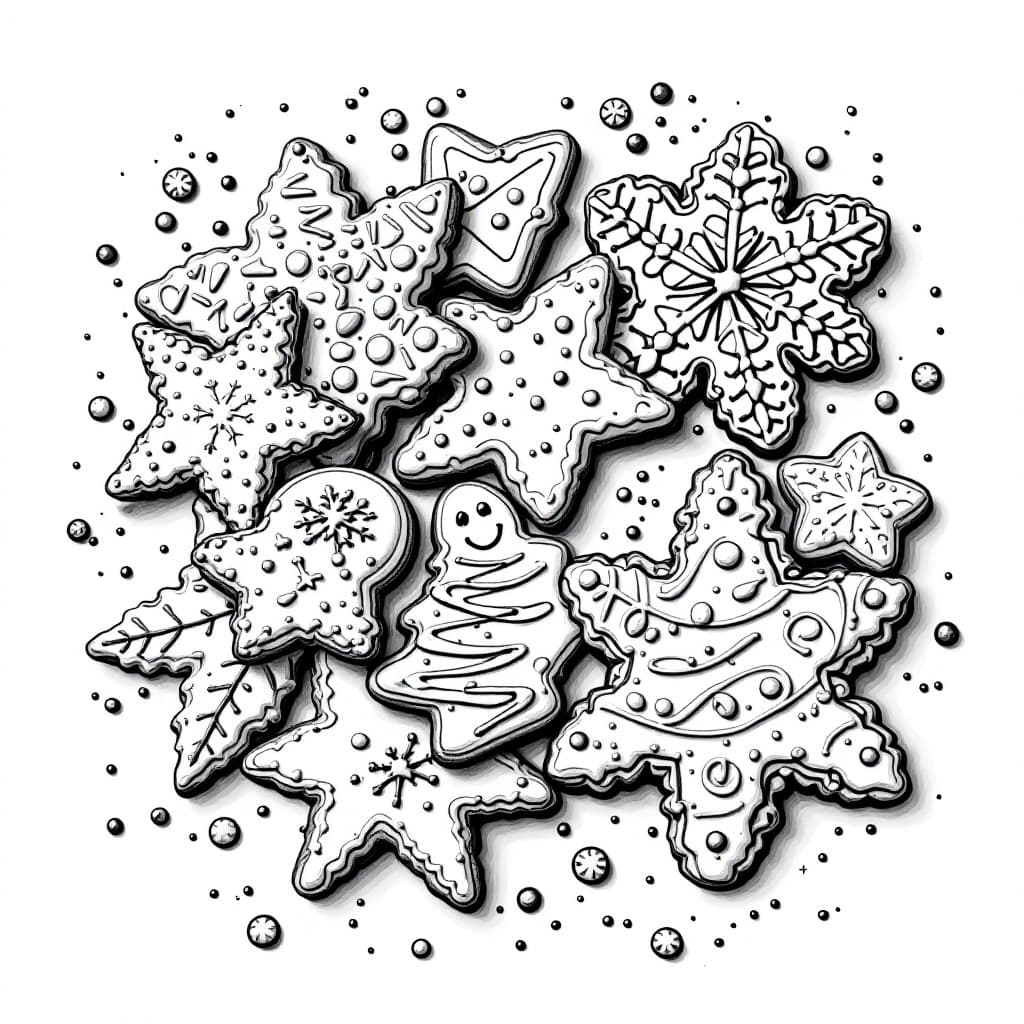 AI generated: Christmas cookies, coloring page , white and black 