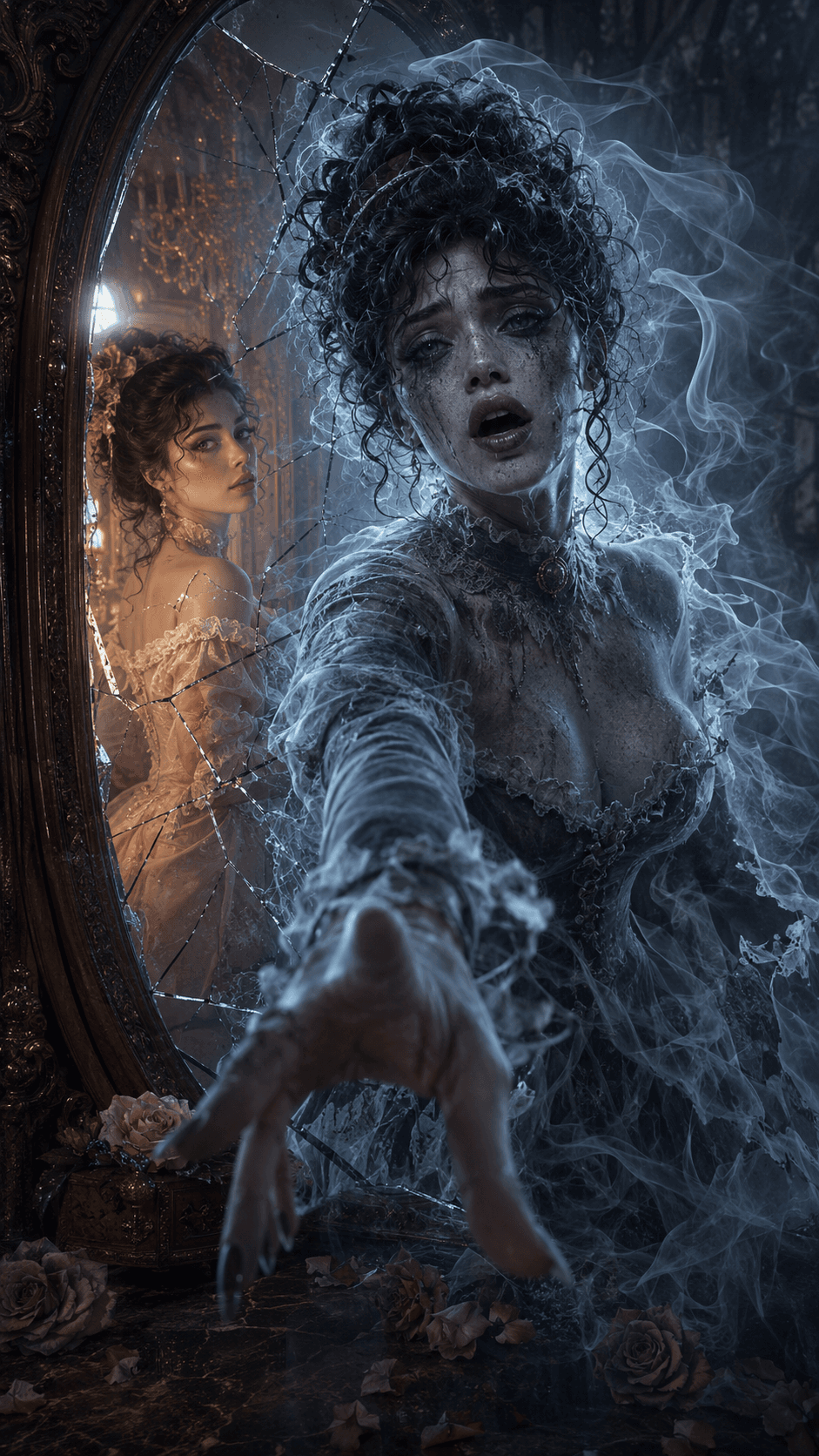 AI generated: A translucent ghost woman emerges from a cracked mirror, her Victorian mourning dress dissolving int...