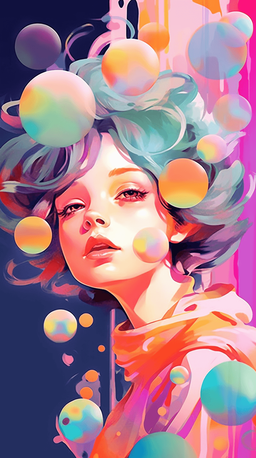 AI generated: A playful, innocent face surrounded by colorful bubbles and floating clouds, vector graphic, early m...