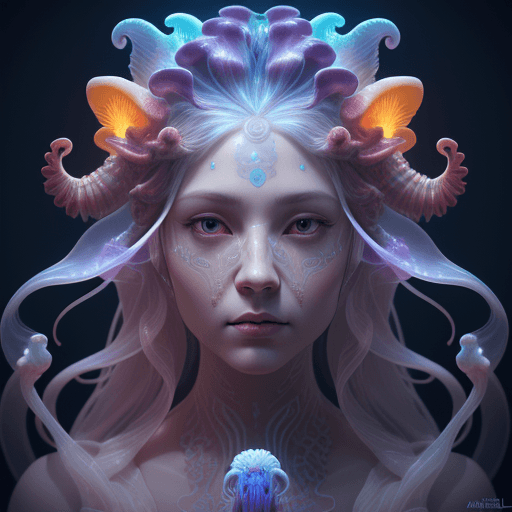 AI generated: Goddess close-up portrait ribcagel. jellyfish phoenix head, nautilus, orchid, skull, betta fish, bio...
