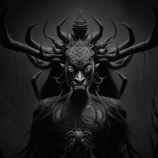 AI generated: balinese barong spider head, mutant creature with huan head and spider legs from his mouth, bizarre,...