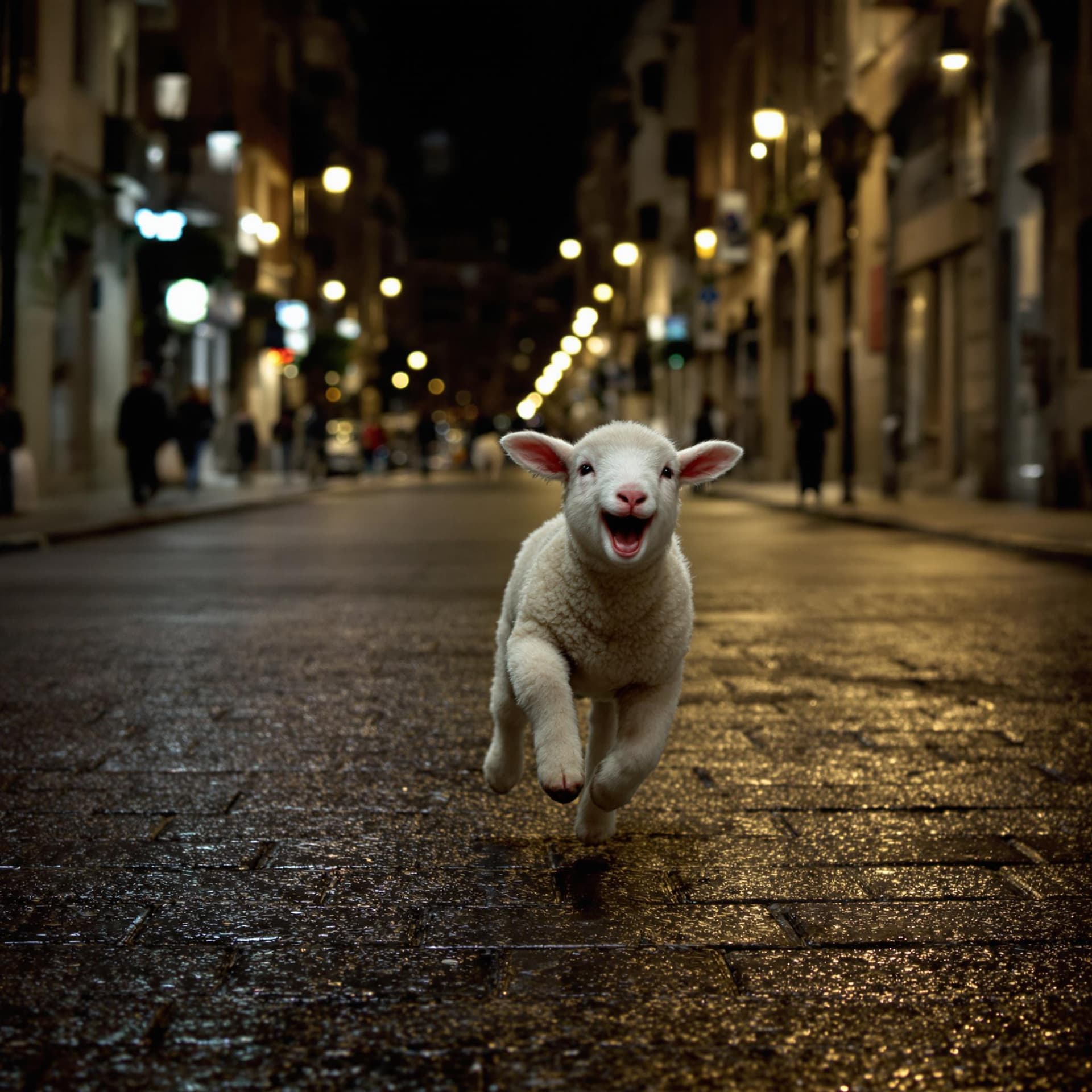 AI generated: a baby lamb running and laughing, streets of milan, dark lights, cinematic, hyper realistic, detalie...