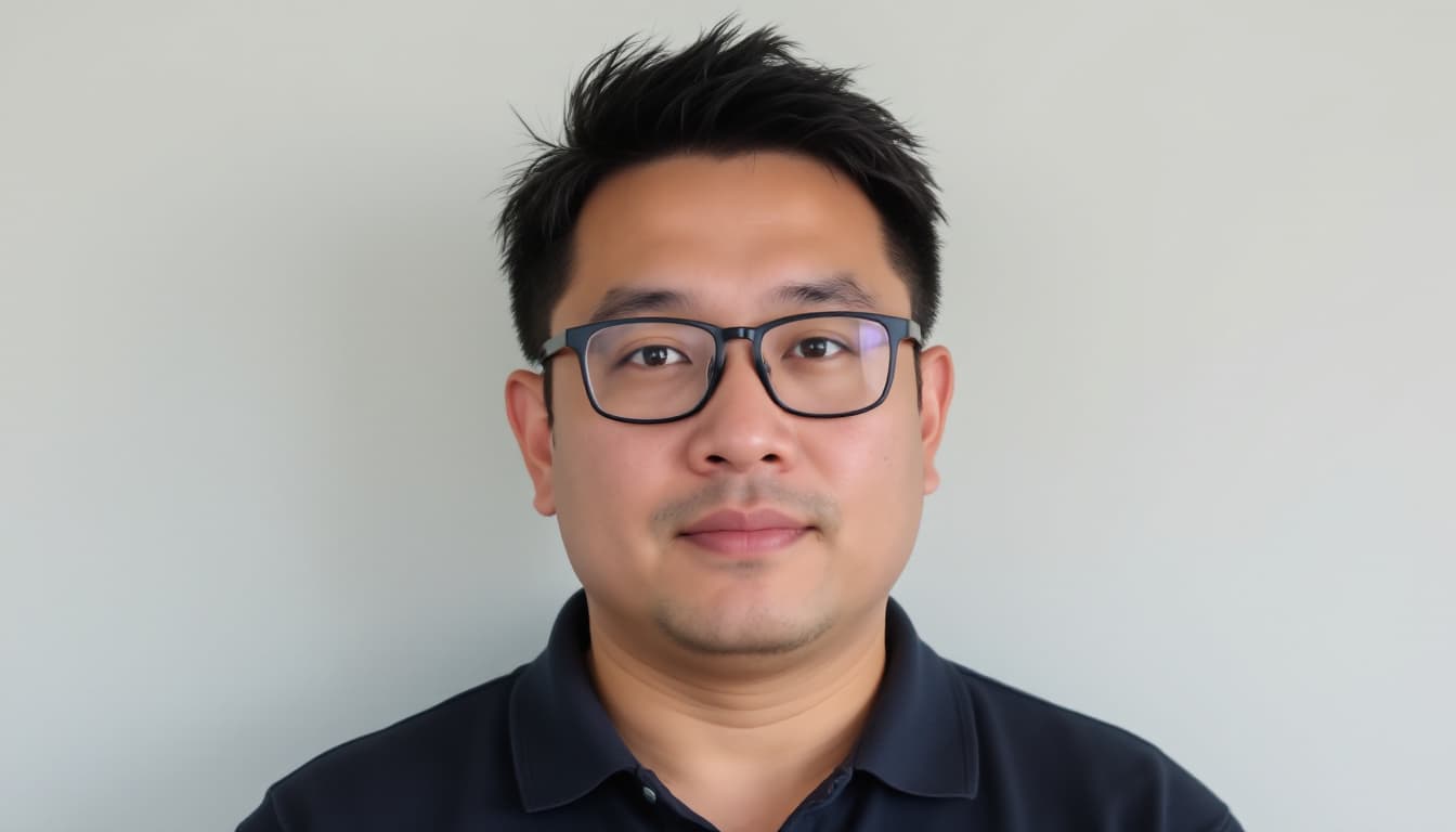AI generated: a man with short, spiky black hair and wearing glasses. The individual has a medium skin tone and is...