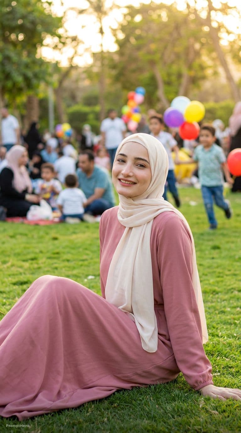 AI generated: A stunning 8K cinematic close-up portrait of a modest Egyptian girl sitting on grass in a public par...
