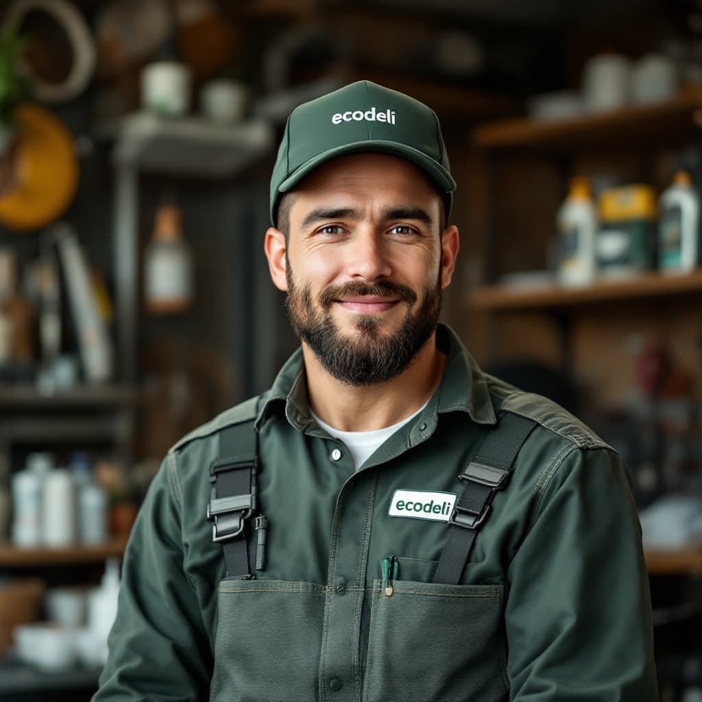 AI generated: Hombrer que trabaja como operario de limpieza, con el logotipo de una empresa llamada ecodeli indust...