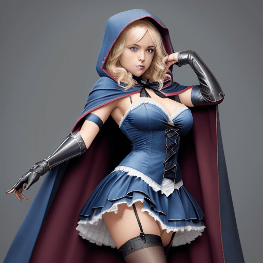 AI generated: (blonde hair, blue eyes, cape, capelet, claws, cleavage, cloak, frilled skirt, garter belt, garter s...