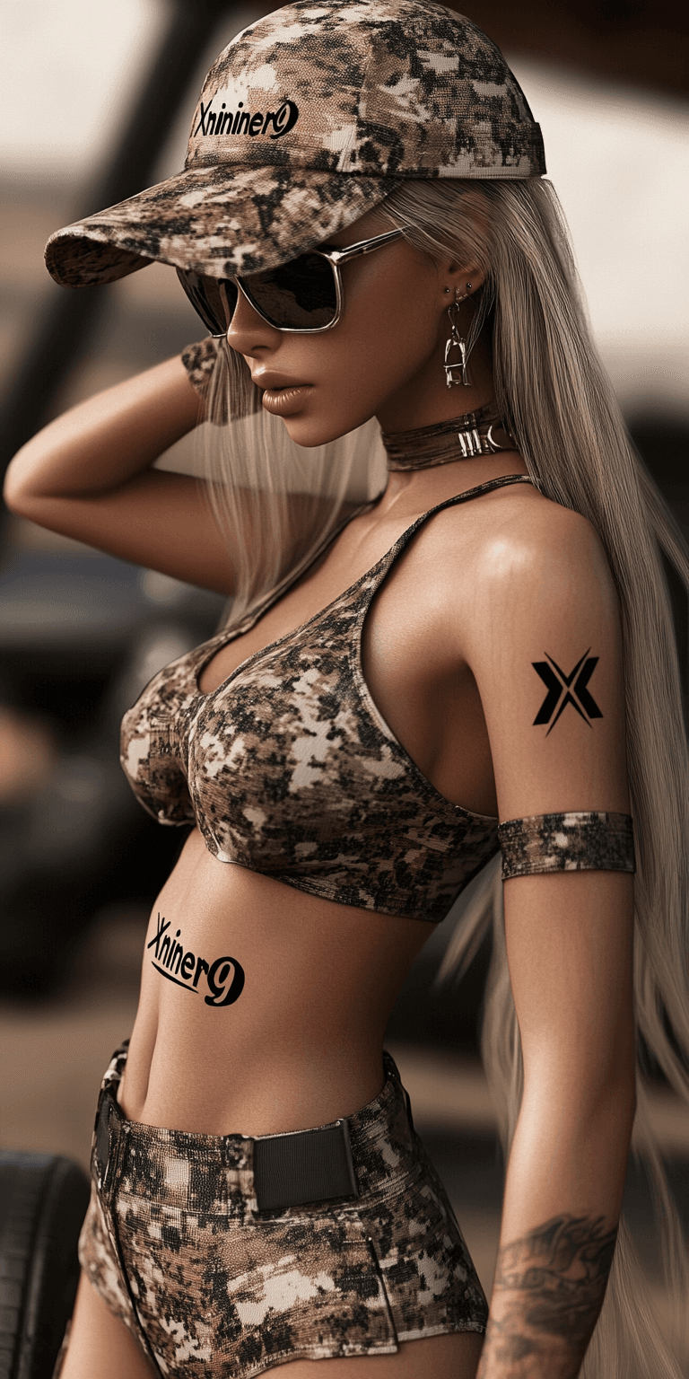 AI generated: Anime Female Character Called Xniner9, 5D, with the logo "Xniner9" on the clothing or as a Tattoo