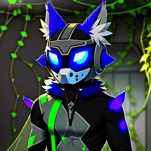 AI generated: High resolution protogen, facing right, covered in vines, cracked screen, furry, fluffy
