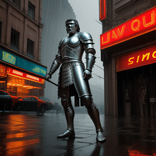 AI generated: Ancient roman man in armor , modern city , rain , low angle, neon signs, fast , long shadows