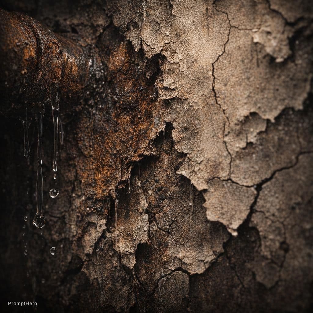 AI generated: extreme close-up of damaged wall, peeling paint, rusted metal, water dripping, cracks spreading, hyp...