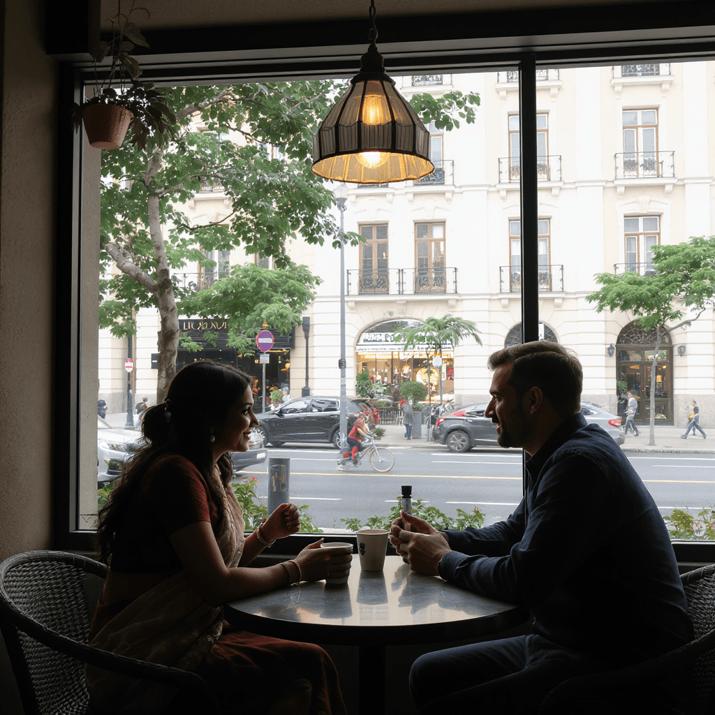 AI generated: Hot Indian wife and husband discussing across the table in a coffee shop, in front of a building tha...