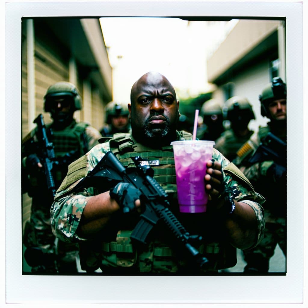 AI generated: grainy 80's photograph quality polaroid of an elite special forces team lead by an obese fat bald fe...