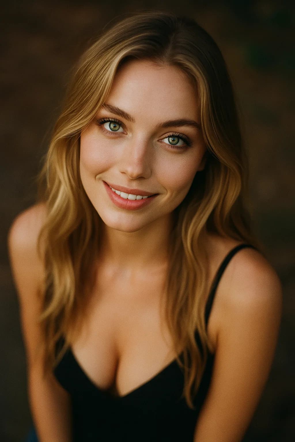AI generated: cinematic photo naturally beautiful young woman, from above, smiling at the viewer, perfect eyes, lo...