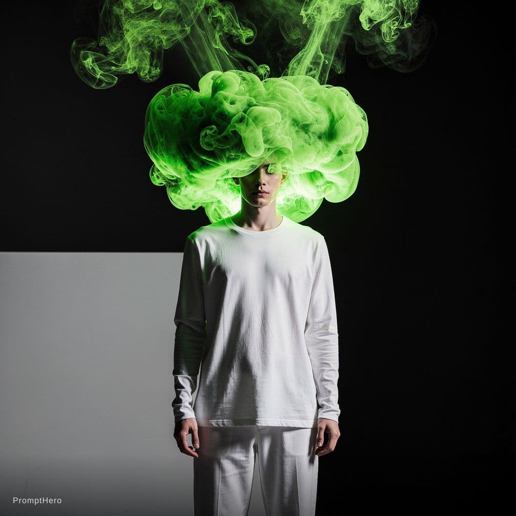 AI generated: photograph, front central shot, full-length, unknown gender figure, black and vibrant radioactive gr...