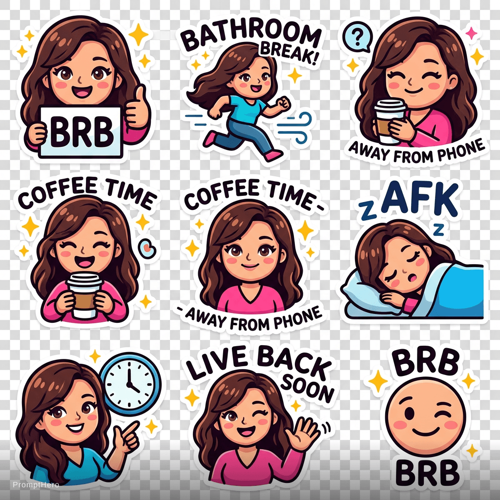 AI generated: Sticker icons for tiktok live that say BRB 
or Away from Phone