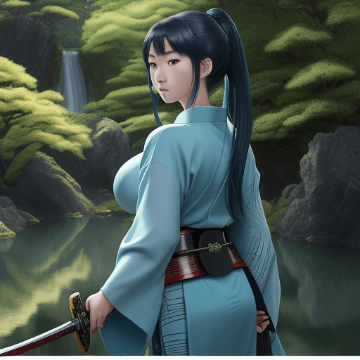 AI generated: a beautiful Japanese woman in a green kimono holding her sword in, in the style of hyper-realistic w...