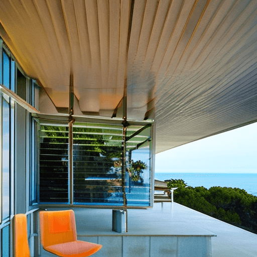 AI generated: Hyper realistic eye level exterior photo of a mid century modern style house overlooking the ocean, ...