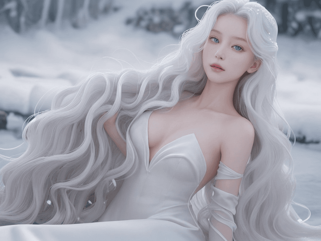 AI generated: The woman's hair is long, wavy, and snowy white, cascading down her back like a river of silk. Her s...